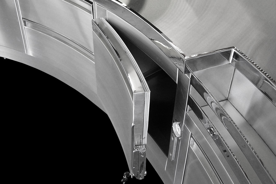 image of custom architectural backbar equipment showing heavy duty door opening of refrigerator and speed rail at MGM Grand Hotel Detroit