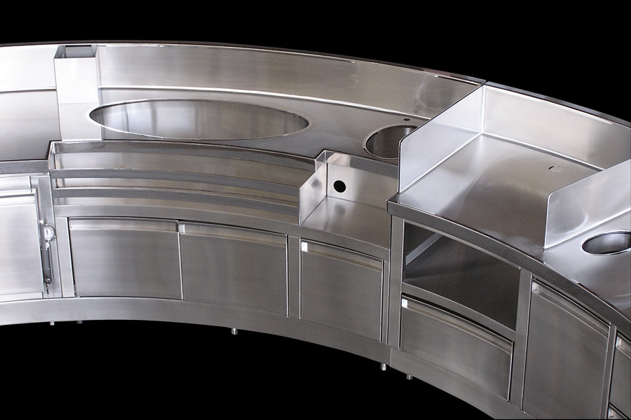 image of custom architectural backbar equipment showing large dump sink and speed rail at MGM Grand Hotel Detroit