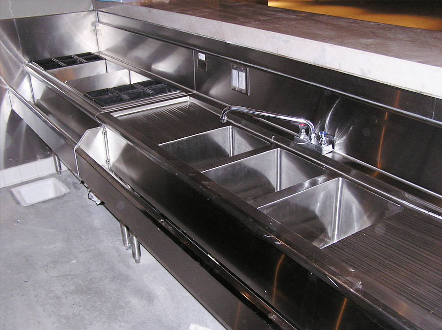 image of custom backbar equipment with 3 compartment sink, and casino cocktail station at crocker club los angeles