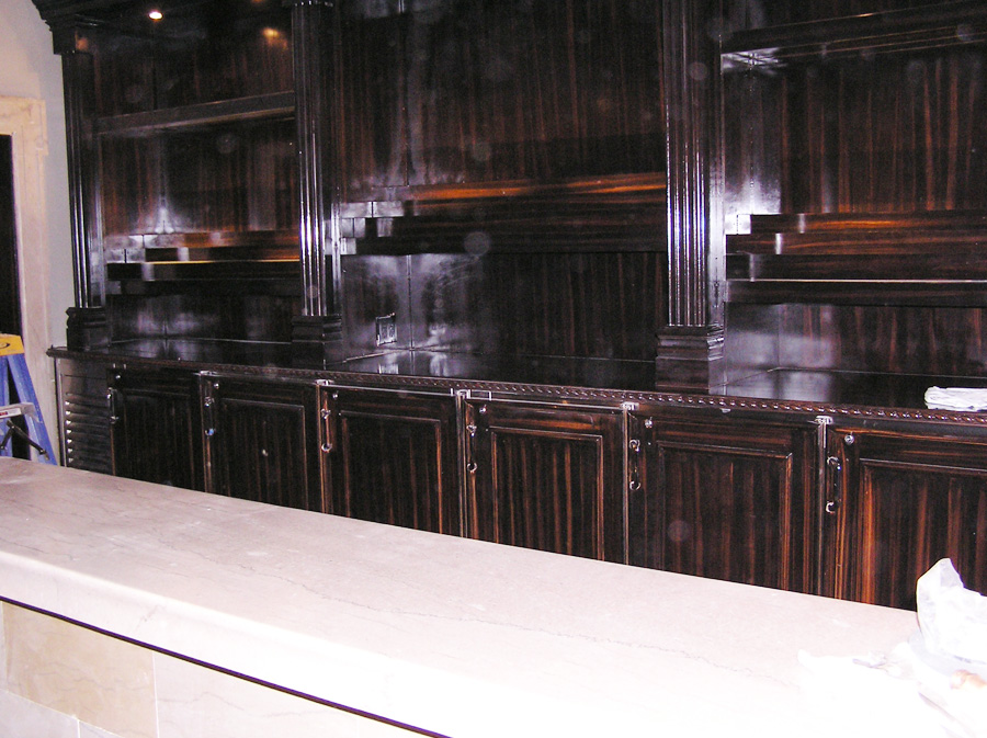 image of custom backbar equipment with faux wood grain finish at crocker club los angeles