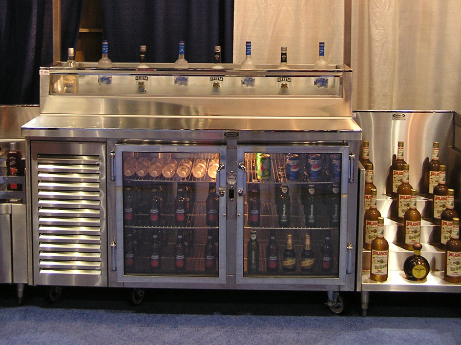 image of infinity stainless steel underbar refrigerator with two glass doors showing cold beverages inside