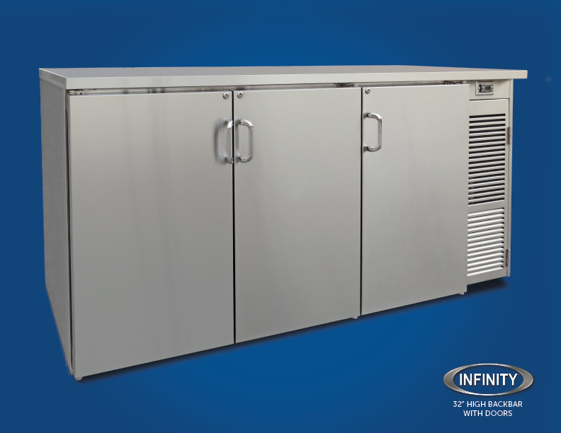 32 inch high backbar refrigerator with doors on blue background