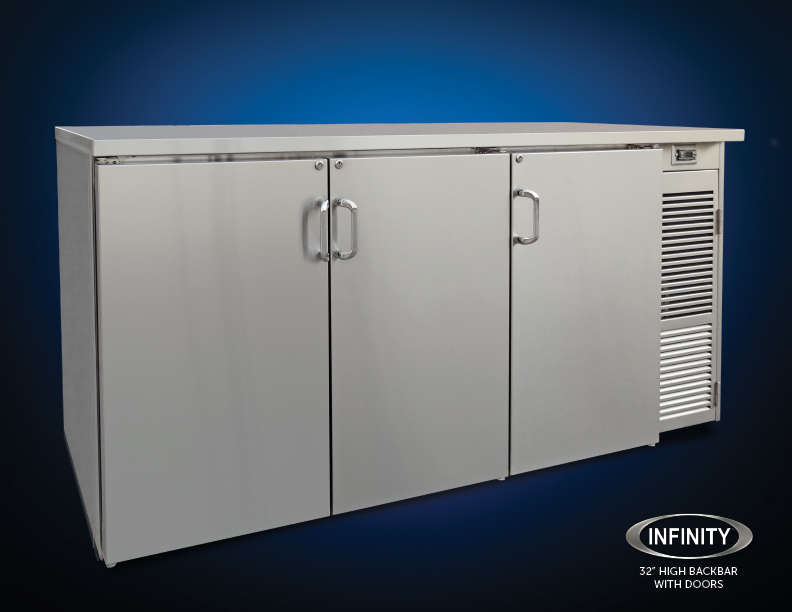 32 inch high backbar refrigerator with doors on blue gradient background