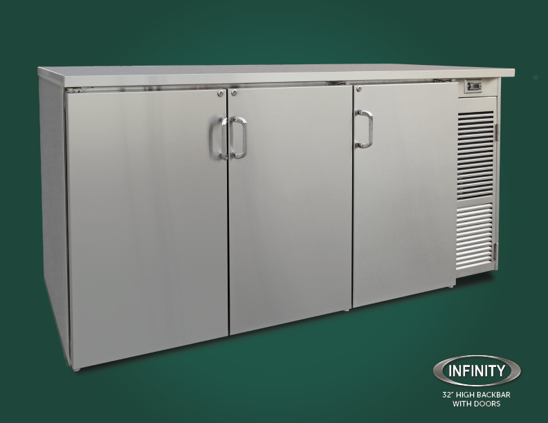 32 inch high backbar refrigerator with doors on green background