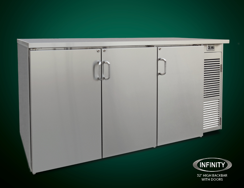 32 inch high backbar refrigerator with doors on green gradient background