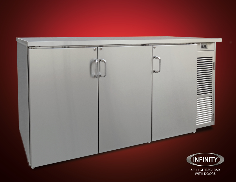 32 inch high backbar refrigerator with doors on red gradient background