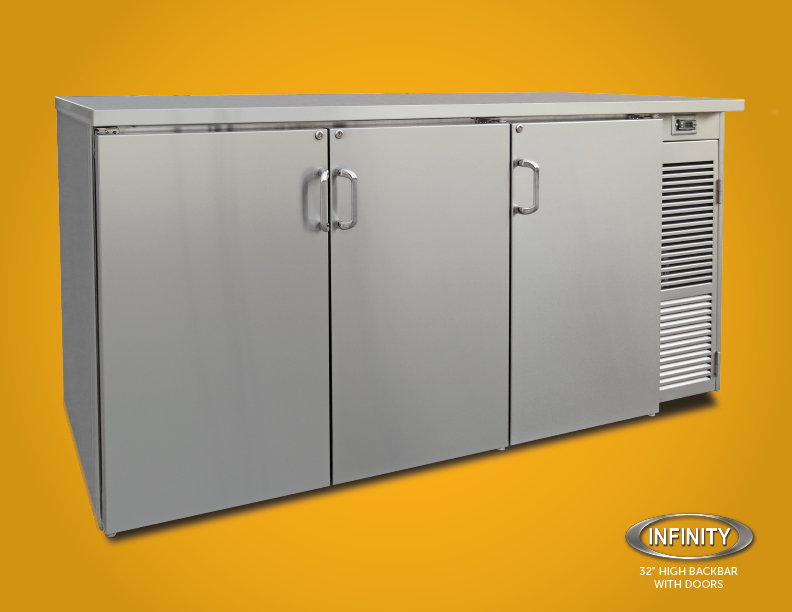 32 inch high backbar refrigerator with doors on yellow background