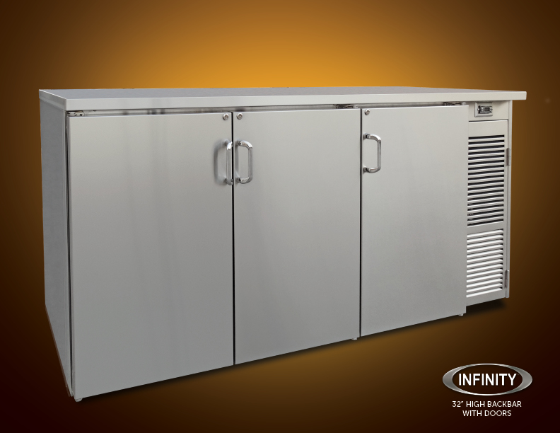 32 inch high backbar refrigerator with doors on yellow gradient background