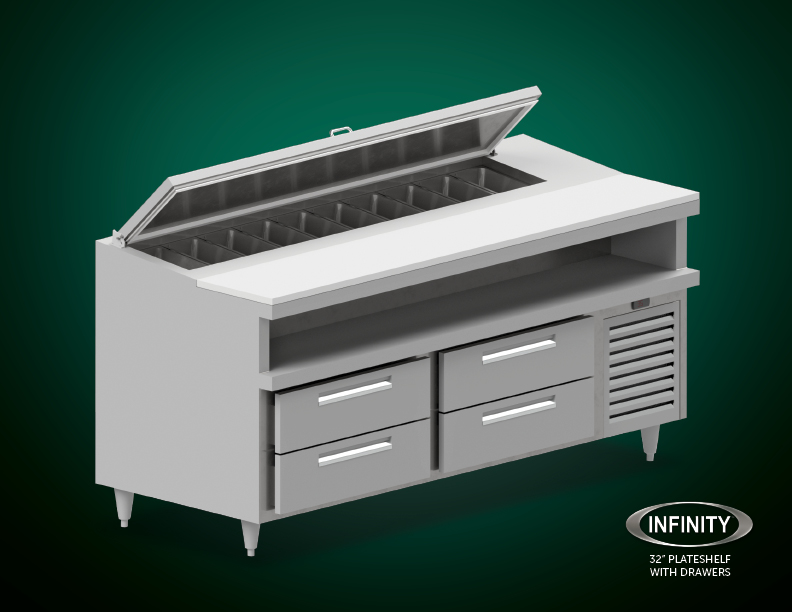 32 inch plateshelf with drawers refrigerator green gradient background