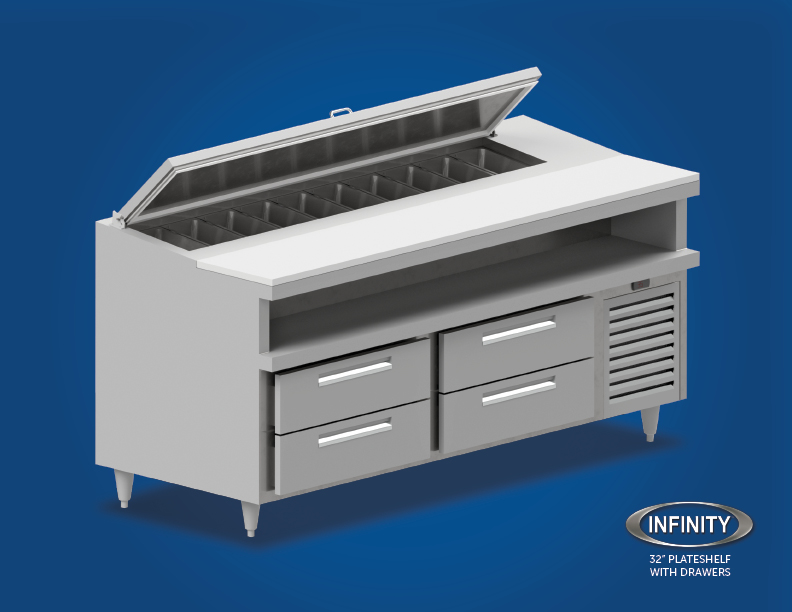 32 inch plateshelf with drawers refrigerator blue background