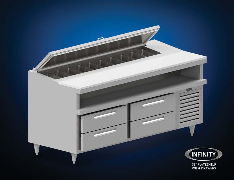 32 inch plateshelf with drawers refrigerator blue gradient background