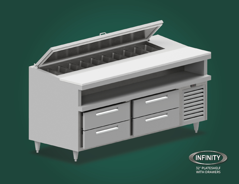 32 inch plateshelf with drawers refrigerator green background