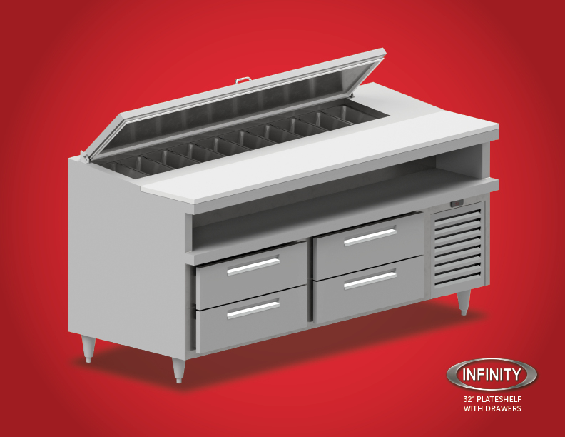 32 inch plateshelf with drawers refrigerator red background