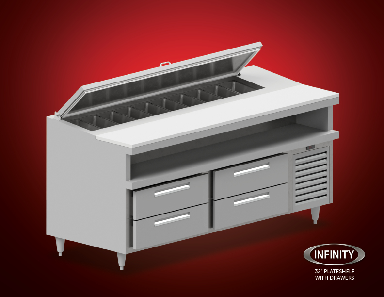 32 inch plateshelf with drawers refrigerator red gradient background