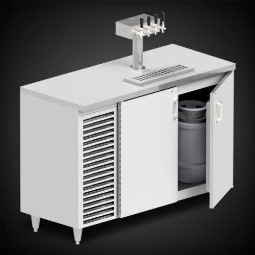 image of stainless steel 37 inch high backbar beer keg equipment showing two doors with beer keg inside and four dispensers on top